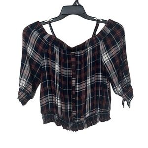 BCX Plaid Cold Shoulder Smocked Top Tie Sleeve Medium Grunge